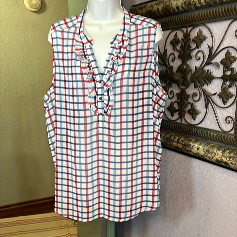 Fun 2 Fun Blouse- red/ white & blue Checkered SL Sz 2X